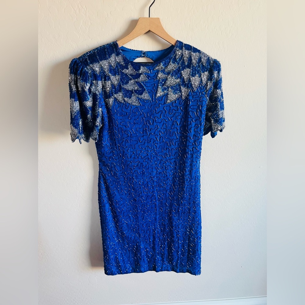 Vintage Sweelo Beaded Silk Womens Dress Size L Sequins Glam Statement Old Money